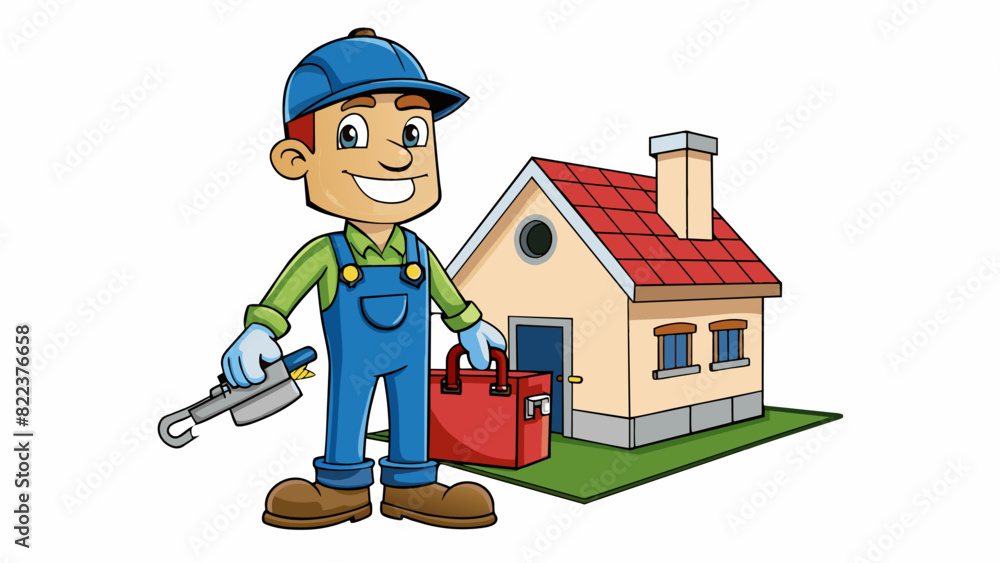 Poster A plumber arrives at a house with a toolbox and a friendly attitude. They assess the issue and efficiently fix a leaky pipe leaving behind a clean. Cartoon Vector