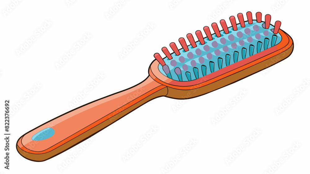 Poster A plastic hairbrush with evenly spaced bristles and a rectangular shape. Its handle is curved and ergonomically designed for a comfortable grip while. Cartoon Vector