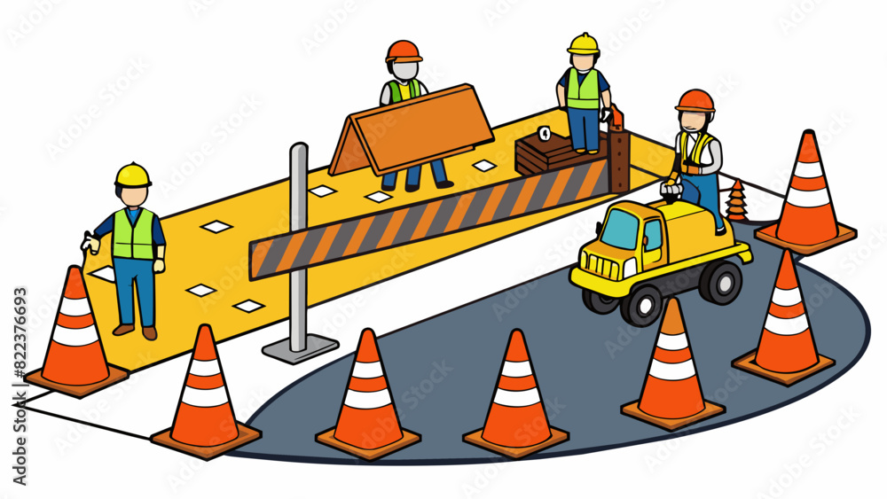 Poster a road construction site with traffic cones and barricades creating a detour. the workers are wearin