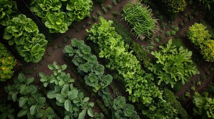 High-angle image of a vegetable patch, capturing the symmetry and lushness of the garden beds.