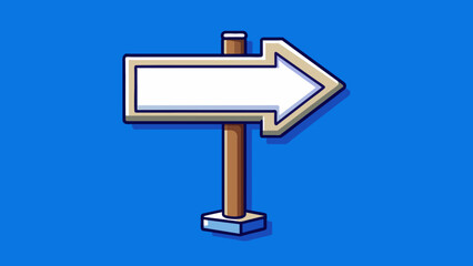 A rectangular shape with a bold white arrow pointing to the right against a dark blue background. The sign is made of metal and is mounted on a tall. Cartoon Vector