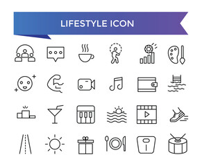 Lifestyle icon collection. Related to healthy lifestyle, diet, exercise, sleep, relationships, running, routine, self-care, culture and hobbies icons. Line icon set.