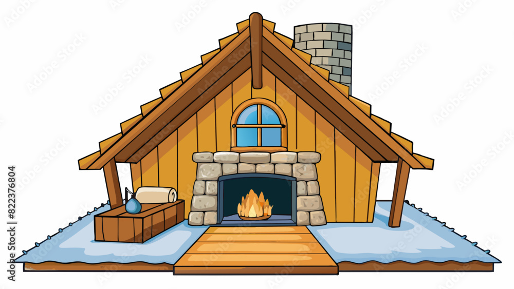 Poster a rustic cabin with exposed wooden beams a stone fireplace and a large fuzzy rug in the center of th