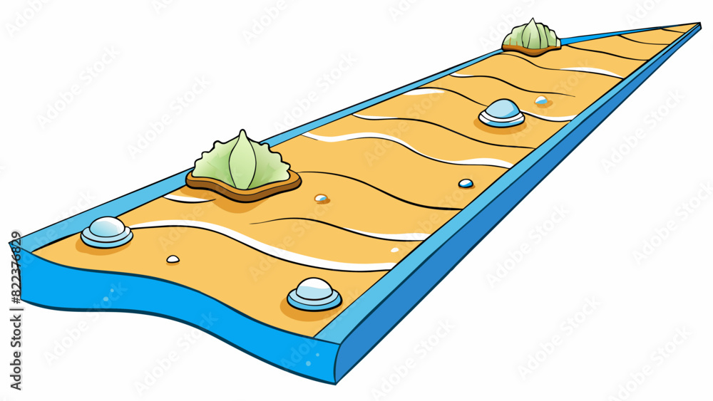 Poster A sandy beach path with seashells tered along the edges and the sound of crashing waves in the distance.. Cartoon Vector