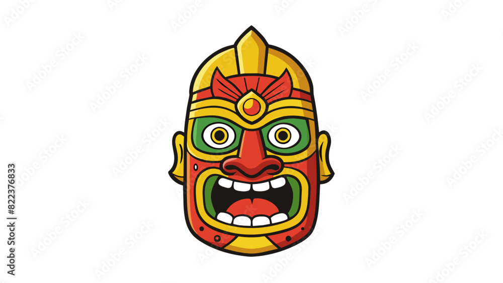 Poster a sacred mask used in religious ceremonies featuring bold and exaggerated facial expressions to conv