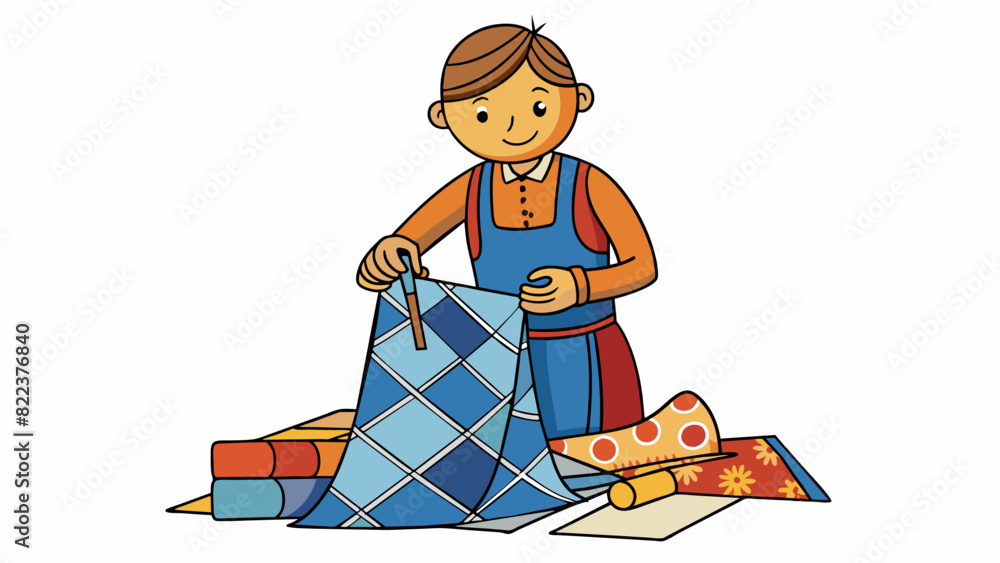 Poster a seamstress piecing together different sections of fabric to create a garment carefully aligning th