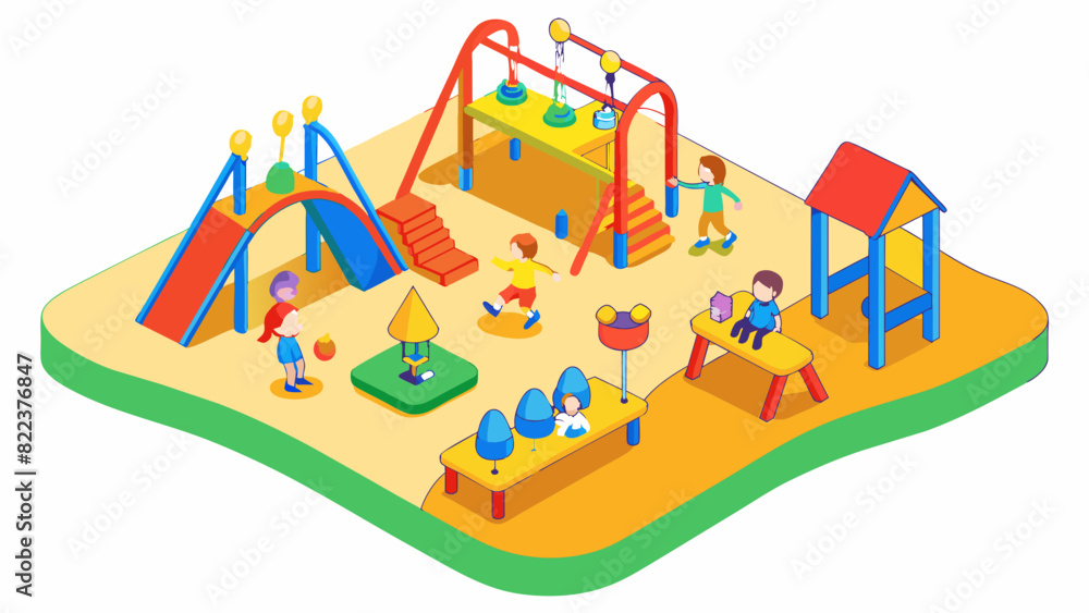 Poster A section of a playground filled with a variety of play equipment. There are swings slides climbing structures and a sandbox all in vibrant primary. Cartoon Vector