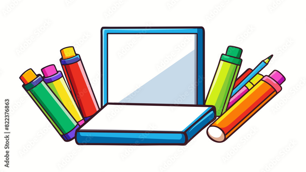 Poster A set of colorful markers and a blank sketchpad symbolizing a career in graphic design or art.. Cartoon Vector