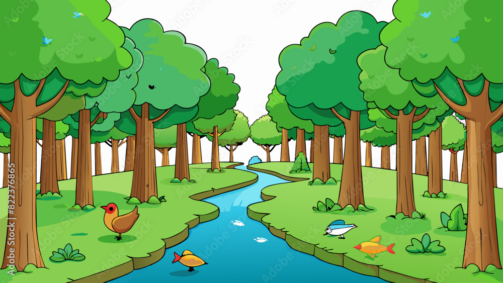 Poster a serene forest scene shows tall trees with rich green leaves and dappled sunlight filtering through