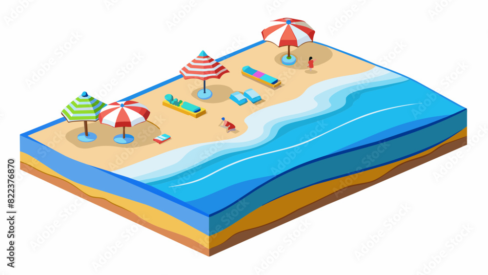 Poster a section of a beach covered in soft white sand and dotted with colorful beach umbrellas. the ocean 