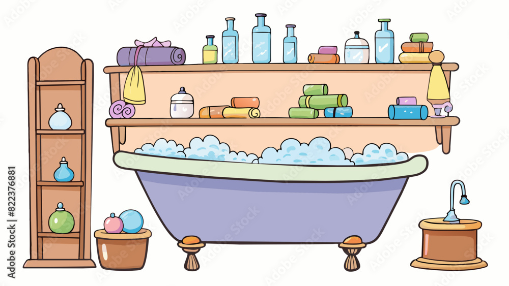 Poster A serene spa with dim lighting and calming music playing in the background. Soft fluffy towels are neatly folded on a wooden shelf next to rows of. Cartoon Vector