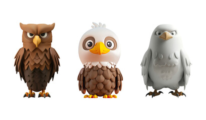 Obraz premium Adorable Animal Set in 3D Illustration: Eagle, Bird, Hawk - Chibi Cartoon Style, Isolated on Transparent Background, PNG