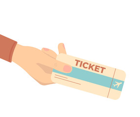 Hand holding boarding pass. Airline travel boarding pass. Vector illustration in flat style isolated on white background.