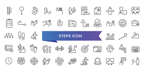 Steps icon collection. Related to stairs, footprint, progress, step by step, roadmap, process, walk and more. Line vector icons set.