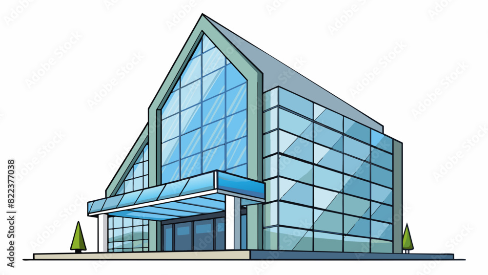 Poster A sleek modern structure made entirely of glass and steel with sharp angles and clean lines. The structure seems to be a highrise office building with. Cartoon Vector