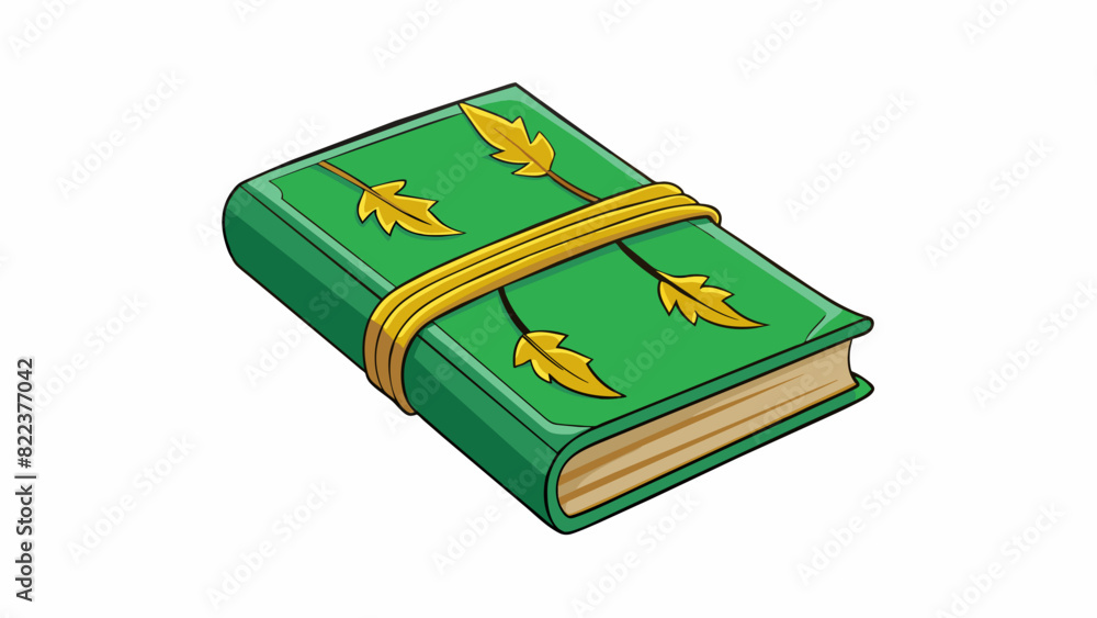 Poster a slim journal with a soft leather cover in a deep shade of green. the cover is adorned with a delic