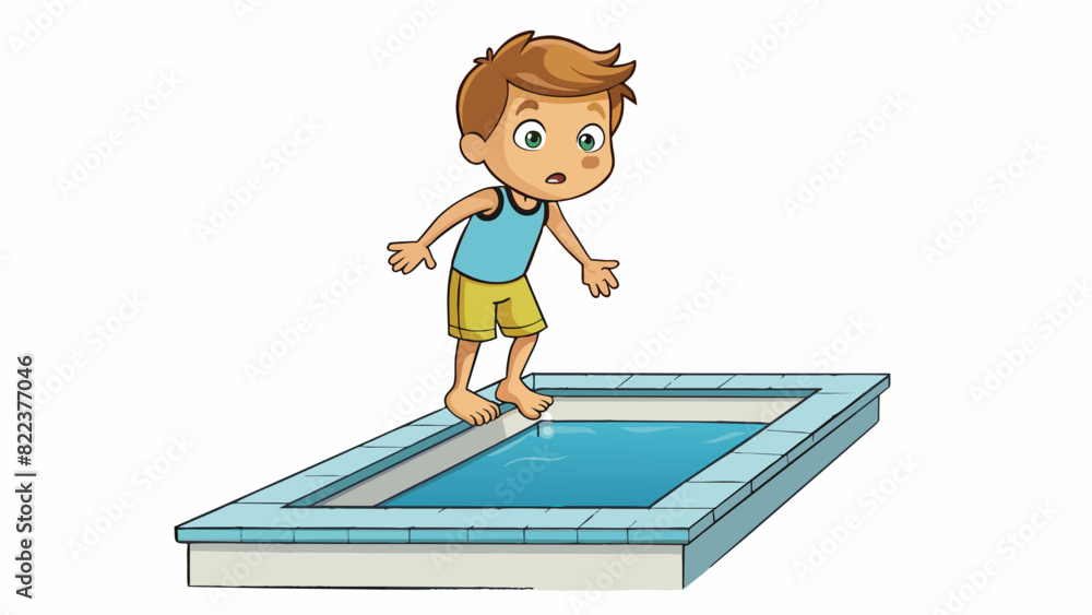 Poster A small child standing nervously on the edge of a pool about to take their first leap into the water. They are filled with excitement and a bit of. Cartoon Vector