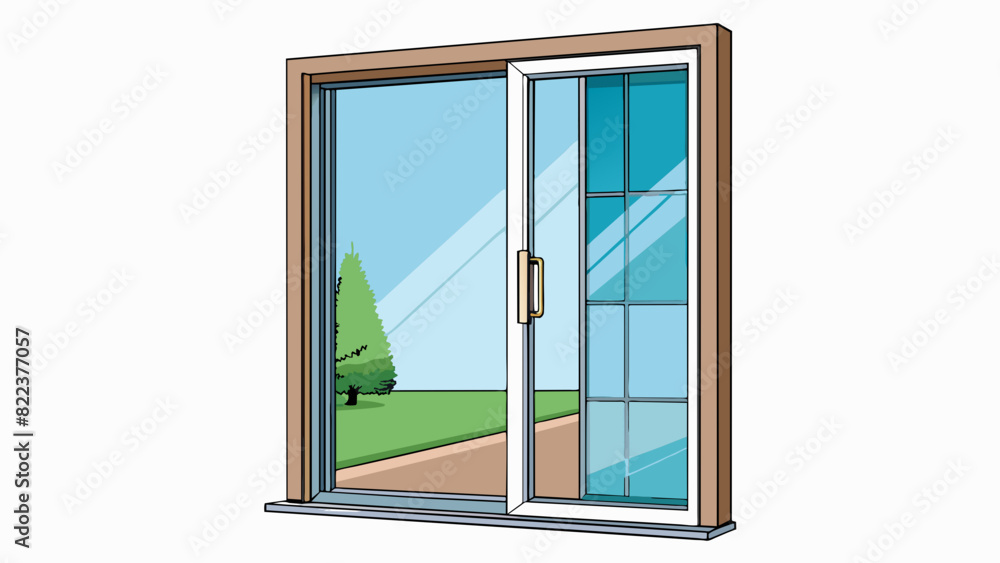 Poster a sliding glass door leading to a patio area with a small handle on one side. the door is made of cl