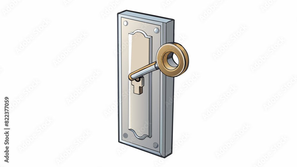 Aufkleber a slender silver key inserted into a keyhole on a large heavy door.. cartoon vector