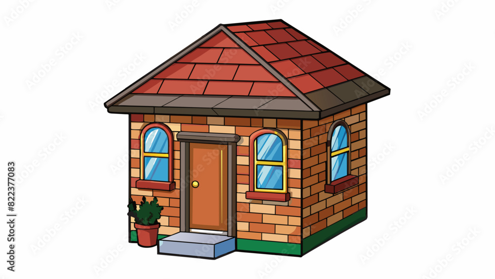 Poster a small brick building with a slanted tiled roof and a wooden door. the windows are adorned with col