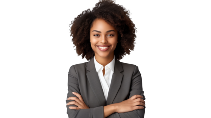 Business woman portrait isolated on white transparent background, Afro businesswoman in suit, crossed arms, PNG