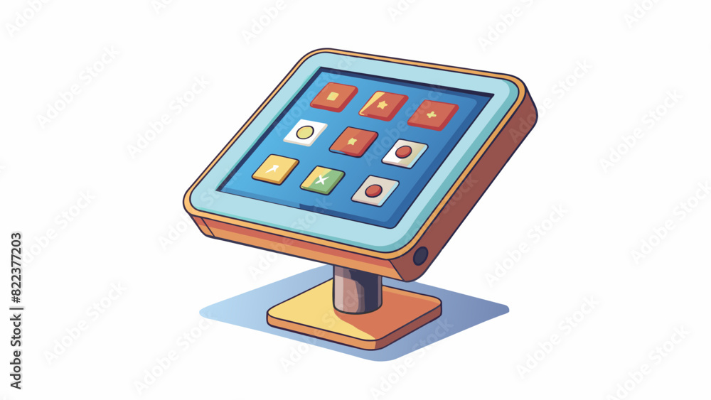 Aufkleber A small square screen p on a stand with a matte finish and a touchsensitive surface. It displays simple icons and text and can be easily navigated. Cartoon Vector