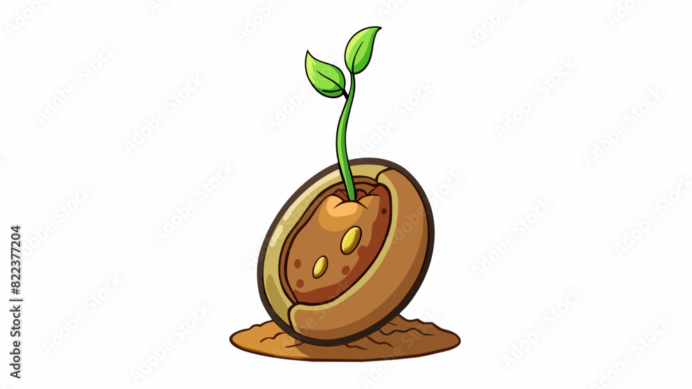 Aufkleber A smooth ovalshaped seed cracking open as a small sprout pushes its way towards the surface. The sy stem expands as the roots reach into the soil and. Cartoon Vector