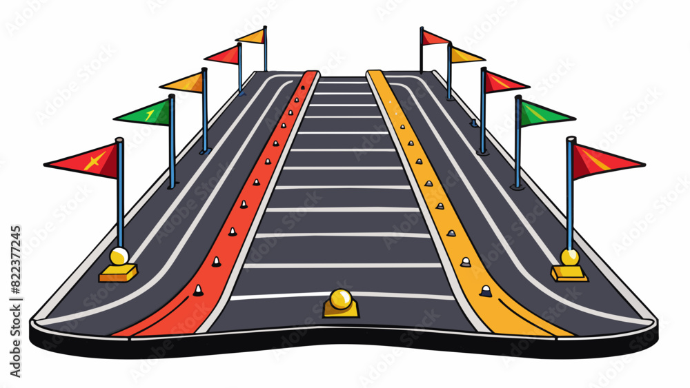 Poster A smooth black strip of pavement stretching out in front of a row of brightlycolored flags. The track is divided into several lanes and marked with. Cartoon Vector