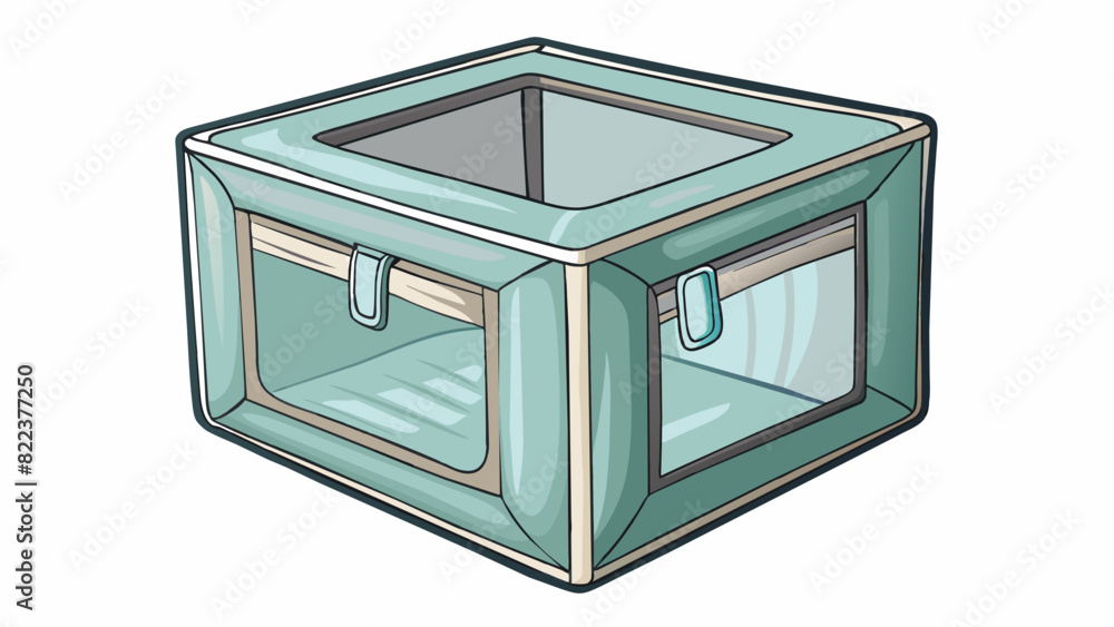 Poster A soft fabric box collapsible for easy storage with a clear plastic window on one side. It is perfect for organizing and storing clothes or linens. Cartoon Vector