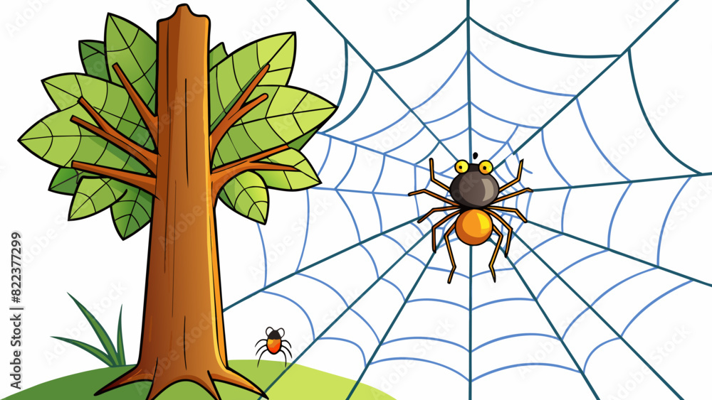 Aufkleber A spiders web spanning across two trees glistening in the sunlight. In the center of the web a fat fly is tangled in the sticky threads unable to. Cartoon Vector