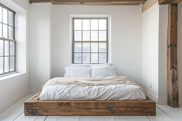 Simple wooden bed in a modern Scandinavian loft bedroom. It's next to a plain white wall with plenty of photocopying space