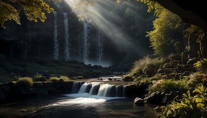 Obraz premium Garden of Eden, sun, moon, waterfall. Generative AI, Generative, AI