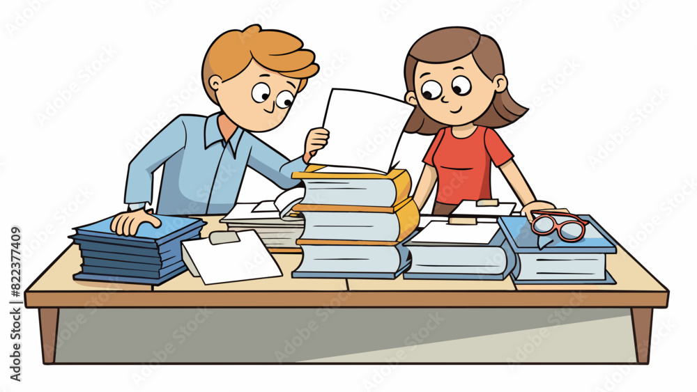 Poster A stack of papers and folders tered on a long table with two people frantically flipping through them and trying to find evidence to support their. Cartoon Vector