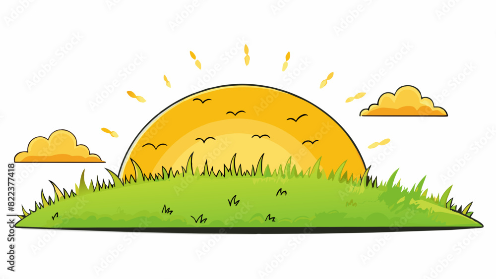 Poster As the second hour passes the warmth of the sun begins to spread across the sky casting a golden glow on everything in its path. The grass glistens. Cartoon Vector