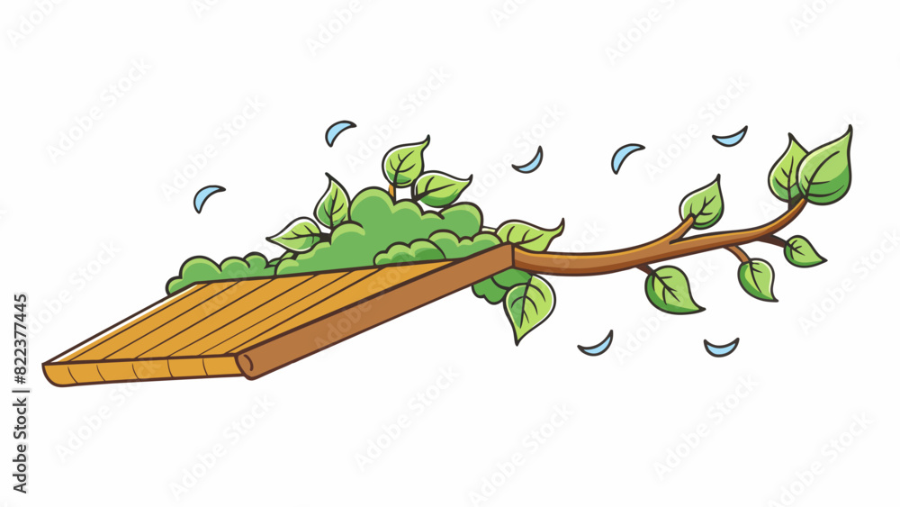 Poster As the tree branch swayed in the wind its delicate leaves brushed against the edge of the nearby roof creating a gentle rustling sound.. Cartoon Vector