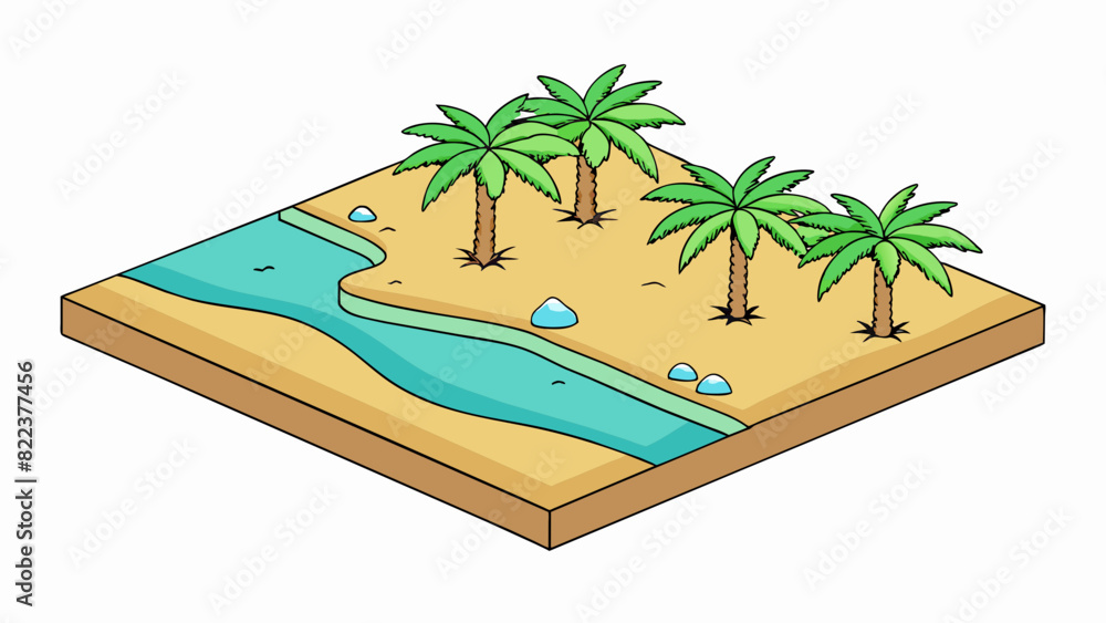 Poster a stretch of sandy beach lined with palm trees and turquoise waters. the land is flat and soft perfe