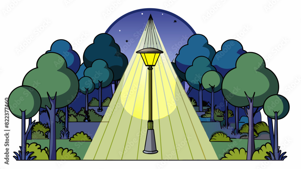 Poster A strong harsh light beaming down from a streetlamp creating stark silhouettes of trees against a dark night sky.. Cartoon Vector