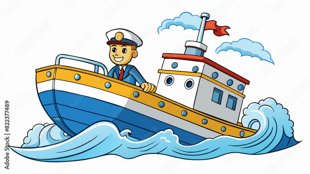 Poster A sy and reliable ship sailing through rough waters with its captain confidently steering through the waves towards its destination.. Cartoon Vector