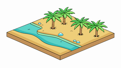 A stretch of sandy beach lined with palm trees and turquoise waters. The land is flat and soft perfect for leisurely walks or sun.. Cartoon Vector