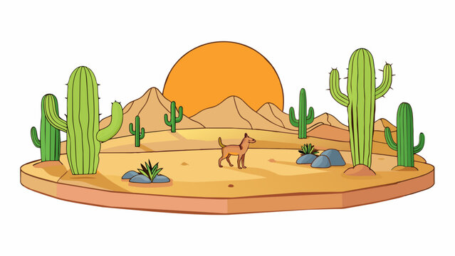 As the sun sets over the desert the view is bathed in a warm golden light. The sand dunes stretch out for miles their peaks and valleys casting. Cartoon Vector