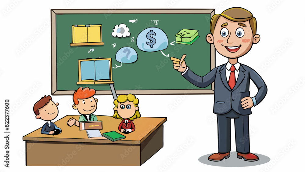 Poster A teacher standing in front of a classroom using powerful and persuasive words to influence the thoughts and actions of their students.. Cartoon Vector