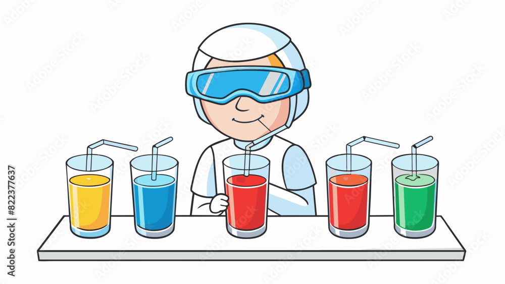 Poster A taste test Three identical glasses filled with different colored liquids are p in front of a participant. The participant is then blindfolded and. Cartoon Vector