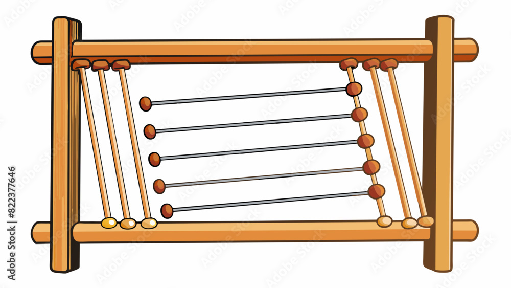 Poster A tall wooden frame with several strings of different lengths and thicknesses stretched between its sides. The strings are taut and produce different. Cartoon Vector