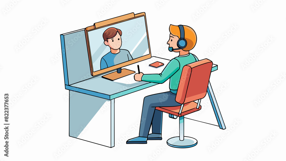 Poster At a virtual training session a person is using a computer and headset to participate in a webinar. The room is quiet and has a whiteboard for. Cartoon Vector