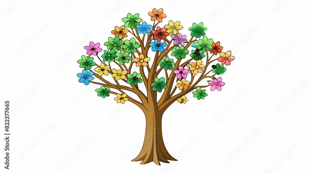 Poster A tall leafy tree with sprawling branches providing shade over a group of colorful and diverse flowers below.. Cartoon Vector