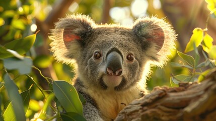 Fototapeta premium A curious koala peeking out from behind a eucalyptus tree, its big ears perked up, as it observes the human world with fascination.