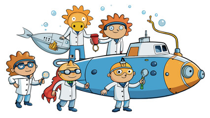 A team of scientists embark on a mission to find a new species of deepsea creatures. They use specialized equipment that can withstand the high. Cartoon Vector