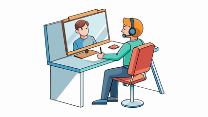 At a virtual training session a person is using a computer and headset to participate in a webinar. The room is quiet and has a whiteboard for. Cartoon Vector