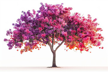 Blooming tree with vibrant red and purple flowers on white background.
