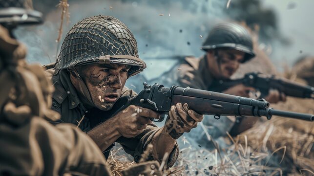 Soldiers on the Battlefield During World War 2.Army marine corps soldier military war with gun weapon participating and preparing to attack the enemy